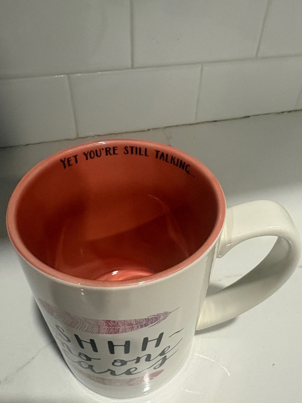Gibson Cream Mug with Pink Feather Accent and 'SHHH No One Cares' Text - Picture 3 of 3